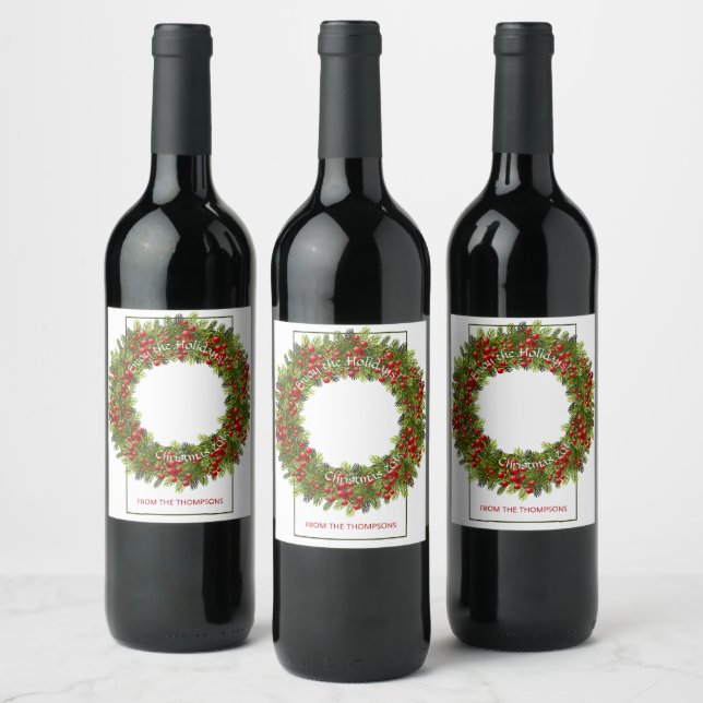 Custom Red Holly Berries Green Pine Needles Wreath Wine Label (Bottles)