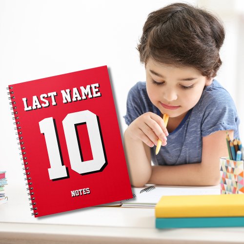 Custom Red Last Name Sports Jersey Number  Notebook