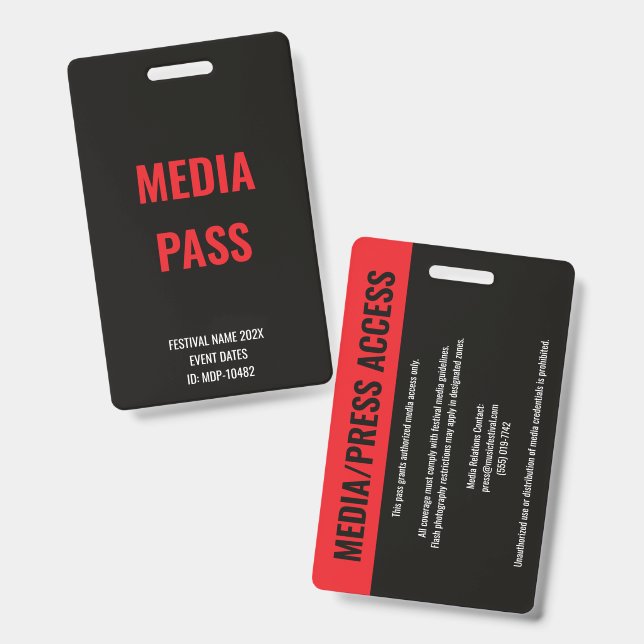 Custom Red Media Press Access Concert Festival  Badge (Front & Back)