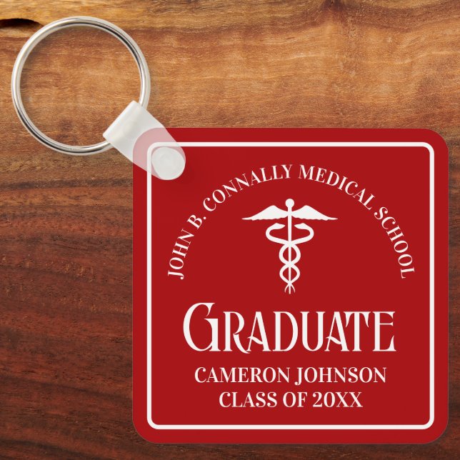 Custom Red Medical School Graduation Keepsake Keychain (Front)