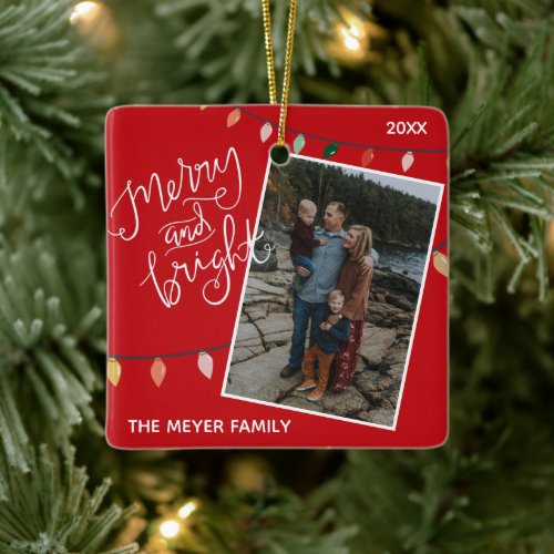 Custom Red Merry and Bright Christmas Lights Photo Ceramic Ornament