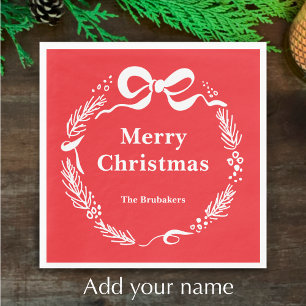 Custom Red Modern Hand Drawn Bow Merry Christmas Napkins