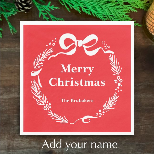 Custom Red Modern Hand Drawn Bow Merry Christmas Napkins (Personalize this festive red hand drawn pine and bow doodle Merry Christmas napkin. My original art.)