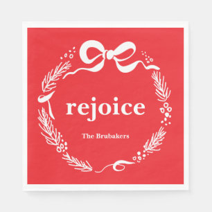 Custom Red Modern Hand Drawn Bow Rejoice Christmas Napkins