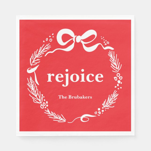 Custom Red Modern Hand Drawn Bow Rejoice Christmas Napkins (Front)
