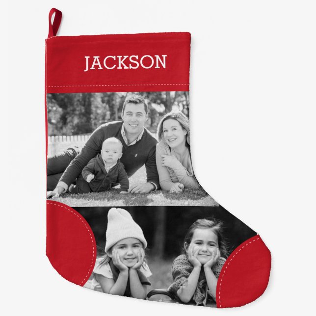 Custom Red Photo Collage Large Christmas Stocking (Front)