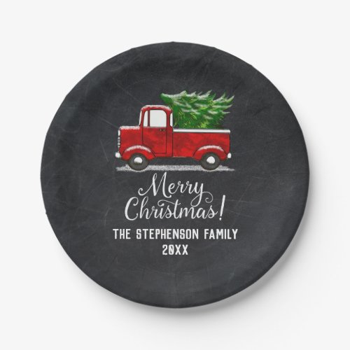 Custom Red Pickup Truck Tree Merry Christmas Paper Plates