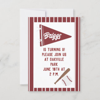 Custom red pinstripe baseball birthday invitation 