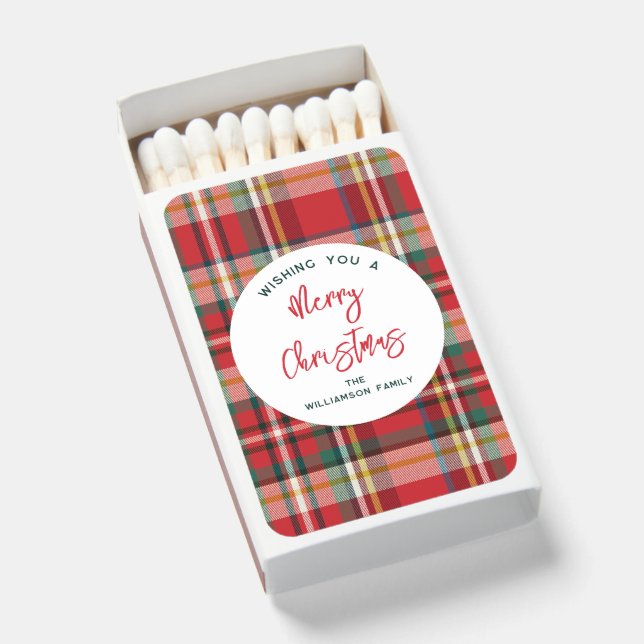 Custom Red Plaid Merry Christmas Script Matchboxes (Front Open)