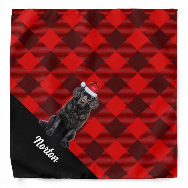 Custom Red Plaid Newfoundland Dog Santa Christmas Bandana (Front)