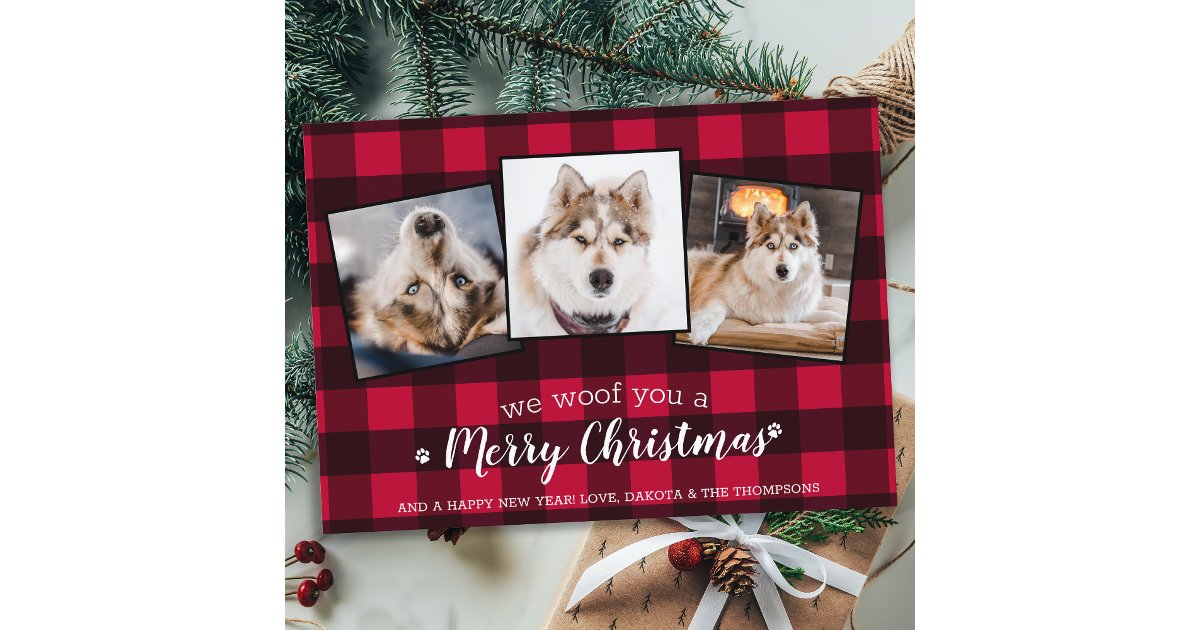 Custom Red Plaid Pet Photo Collage Dog Lover Holid Postcard | Zazzle