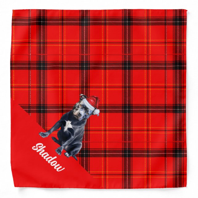 Custom Red Plaid Pitbull Dog Santa Christmas Bandana (Front)