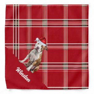Custom Red Plaid Staffordshire Dog Santa Christmas Bandana