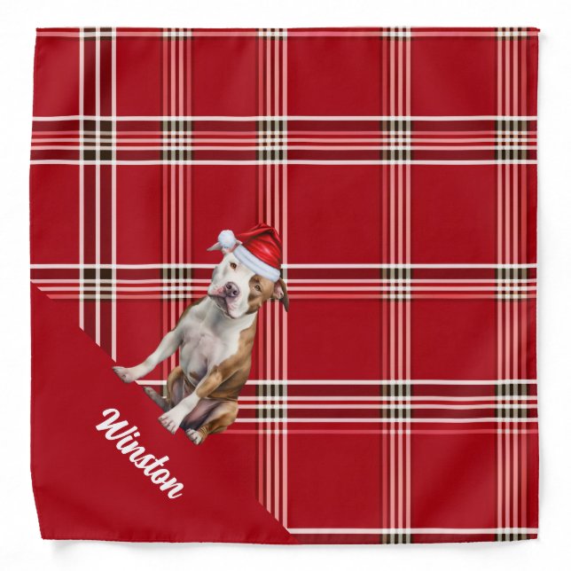 Custom Red Plaid Staffordshire Dog Santa Christmas Bandana (Front)