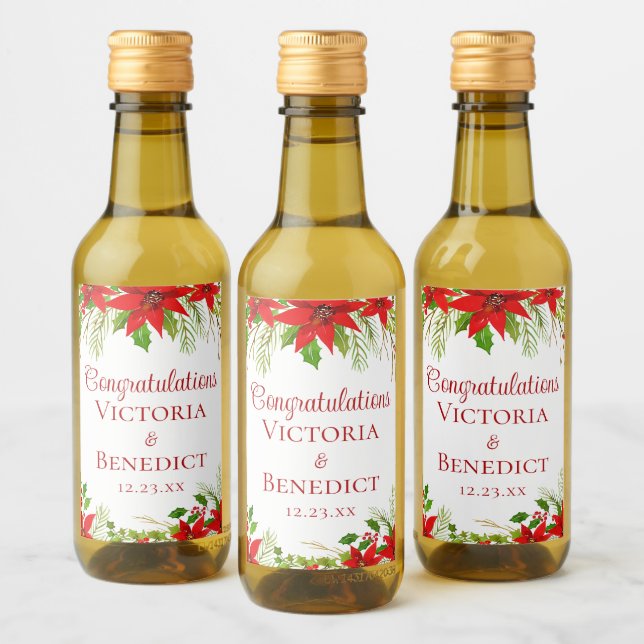 Custom Red Poinsettia Christmas Wedding Mini Wine Label (Bottles)