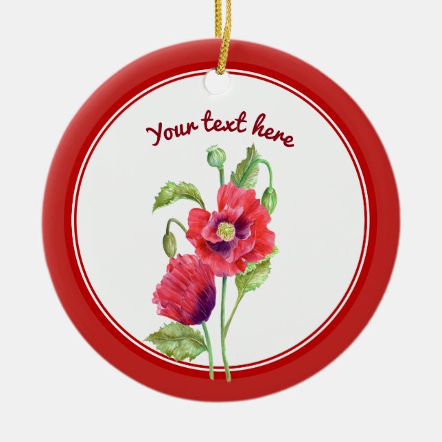 Custom Red Poppies Botanical Floral Art Ceramic Ornament (Front)