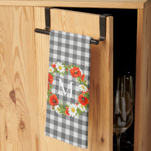 Custom Red Poppies White Yellow Daisies Wreath Kitchen Towel