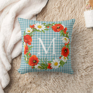 Custom Red Poppies White Yellow Daisies Wreath Throw Pillow