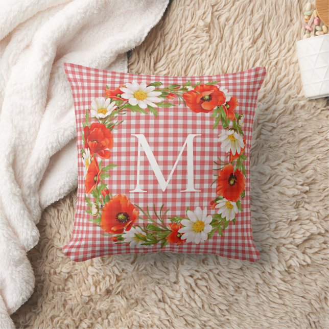 Custom Red Poppies White Yellow Daisies Wreath Throw Pillow (Blanket)