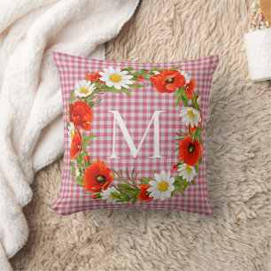 Custom Red Poppies White Yellow Daisies Wreath Throw Pillow