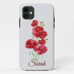 Custom Red Poppy Flowers Rufous Hummingbird Bird iPhone 11 Case