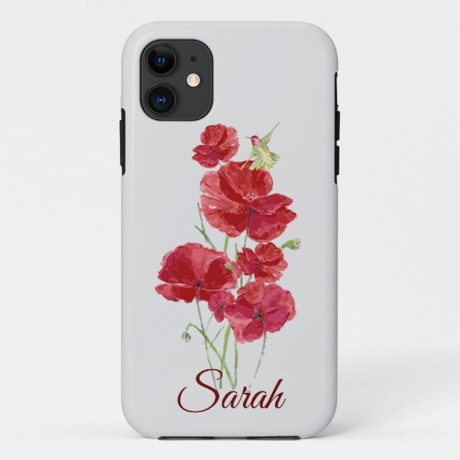Custom Red Poppy Flowers Rufous Hummingbird Bird Case-Mate iPhone Case (Back)