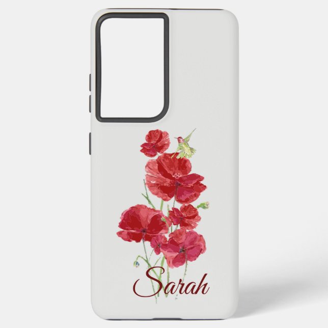 Custom Red Poppy Flowers Rufous Hummingbird Bird  Samsung Galaxy Case (Back)