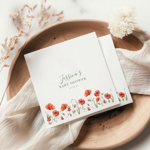 Custom Red Poppy Garden Floral Baby Shower   Napkins