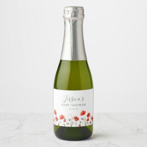 Custom Red Poppy Garden Floral Baby Shower   Sparkling Wine Label