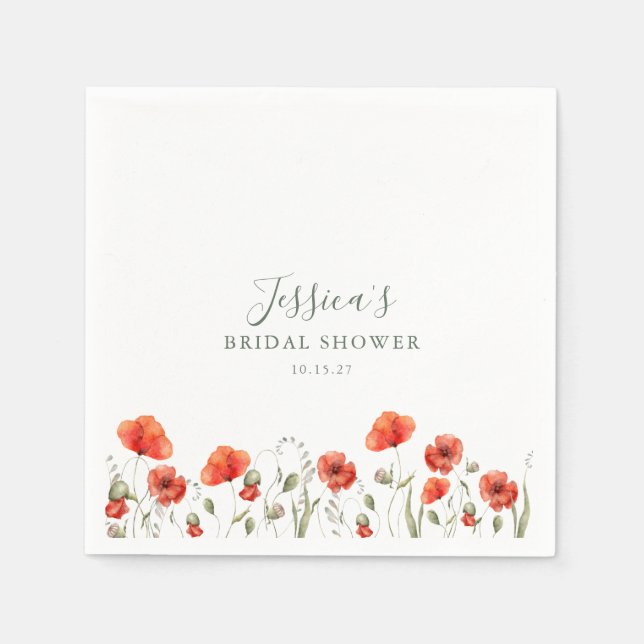 Custom Red Poppy Garden Floral Bridal Shower   Napkins (Front)