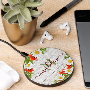 Custom Red Poppy Yellow White Daisy Wreath Pattern Wireless Charger