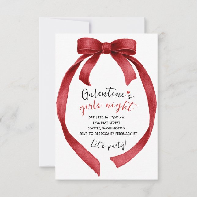 Custom Red Ribbon Bow Galentines Party Invitation (Front)