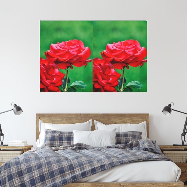 Custom Red Rose in full bloom by lush Green Leaves Canvas Print (Insitu(Bedroom))