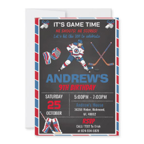 Custom RED Simple Hockey Birthday Invitation