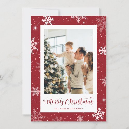 Custom Red Snowflake Photo Christmas Cards