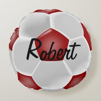 Custom Red Soccer Ball Round Pillow by SoccerMomsDepot at Zazzle