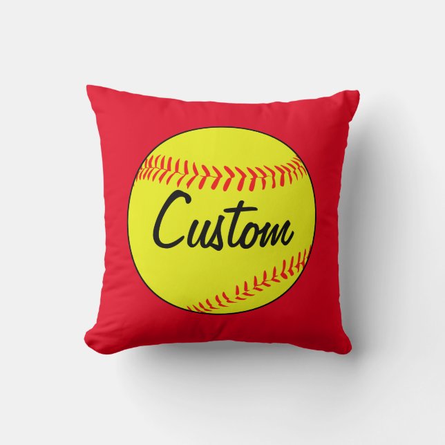 Custom Red Softball Throw Pillow (Front)