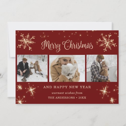 Custom Red Sparkly Snowflake Photo Collage Holiday Card
