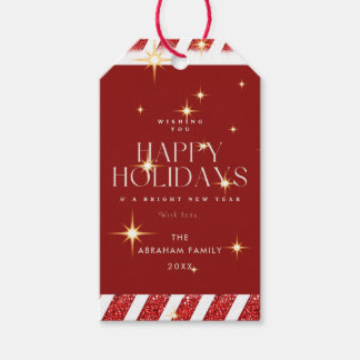 Custom Red Stripes Sparkling Happy Holidays Gift Tags