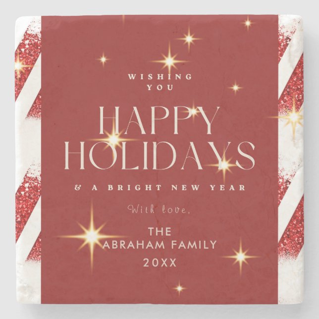 Custom Red Stripes Sparkling Happy Holidays   Stone Coaster (Front)