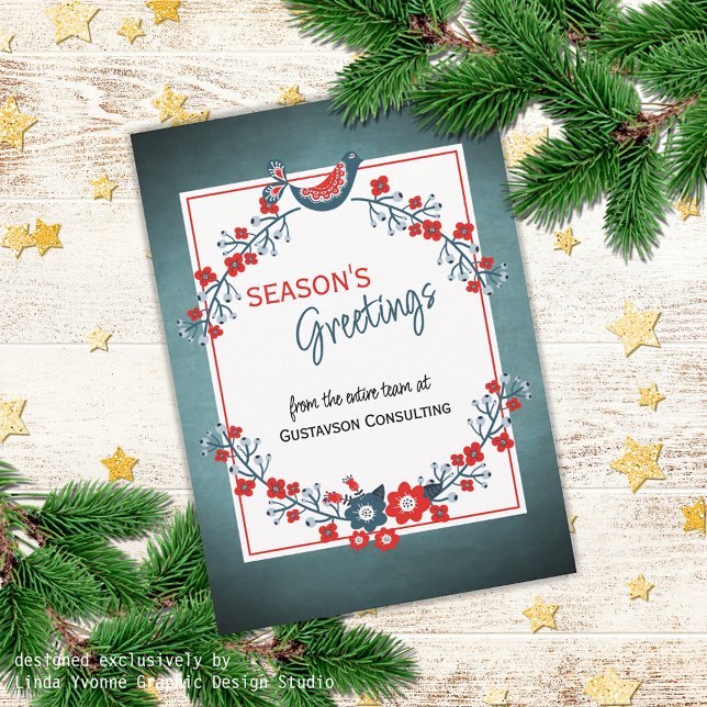 Custom Red Teal Blue Bird & Floral Folk Art Wreath Holiday Card (Creator Uploaded)