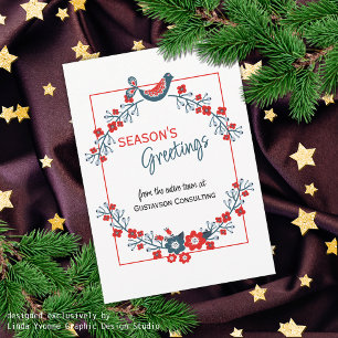 Custom Red Teal Blue Bird & Floral Folk Art Wreath Holiday Card