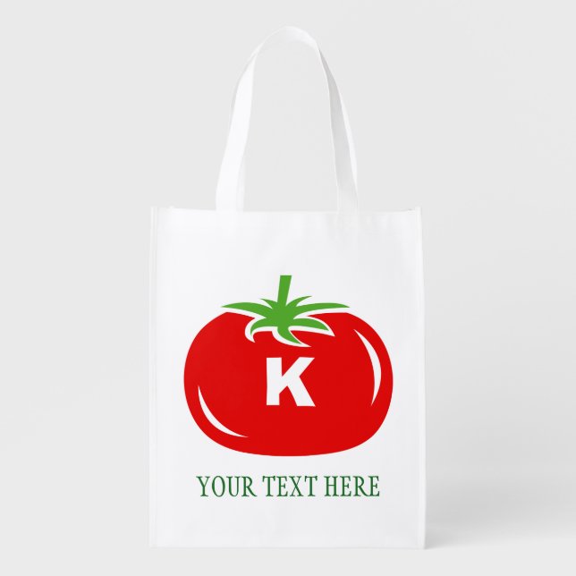 Custom red tomato reusable grocery shopping bags (Front)