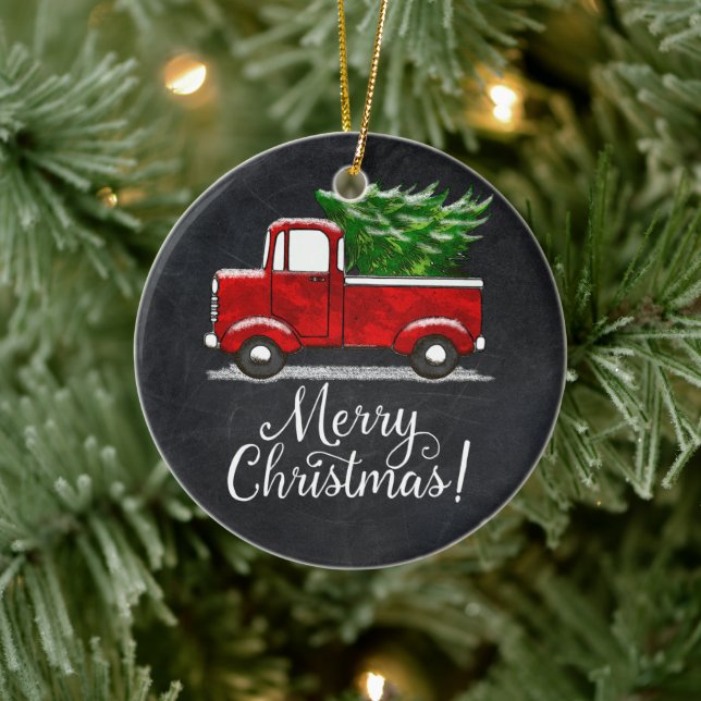 Custom Red Truck Merry Christmas Country Ceramic Ornament (Tree)