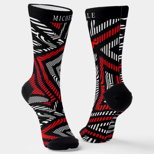 Custom Red White Black Lines Geometric Pattern Socks