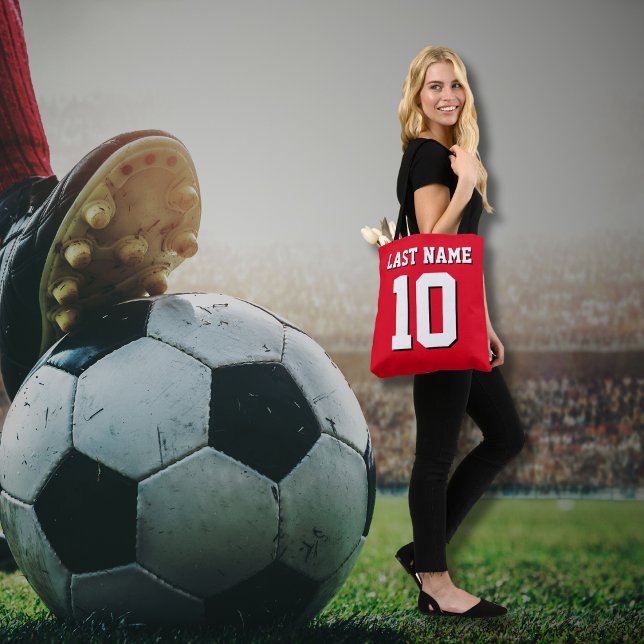 Custom Red White Black Sport Jersey Number Tote Bag (Creator Uploaded)