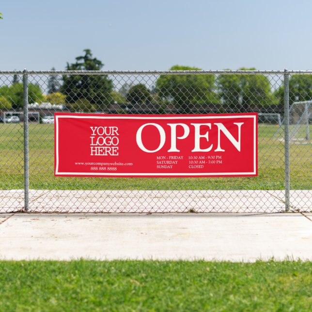 Custom Red White Business Logo Open Hours Banner (Insitu)