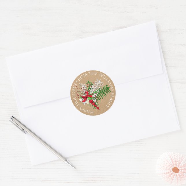 Custom Red White Candy Cane Green Foliage Wreath Classic Round Sticker (Envelope)