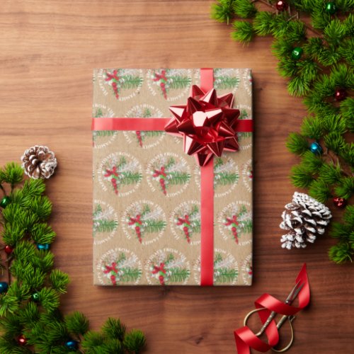 Custom Red White Candy Cane Green Foliage Wreath Wrapping Paper