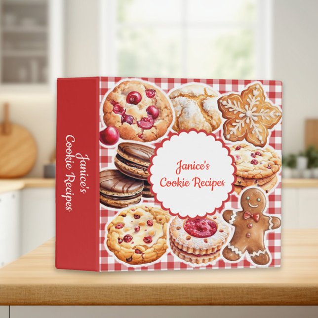 Custom Red White Checkered Cookie Recipe   3 Ring Binder (Red and white checkered cookie recipe binder personalized with your name.)